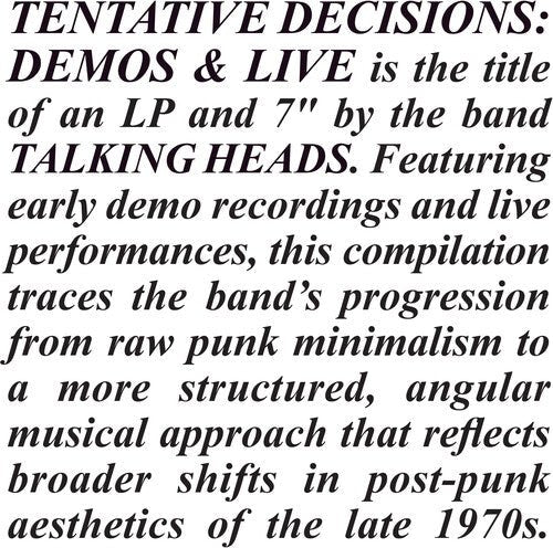 TALKING HEADS - TENTATIVE DECISIONS: DEMOS & LIVE Vinyl LP